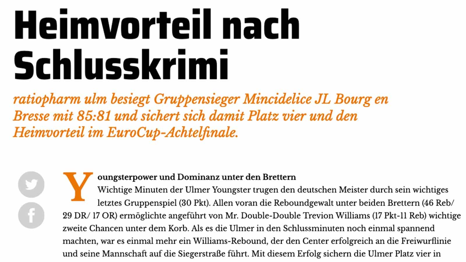 Ratiopharm Ulm BBU Nachbericht