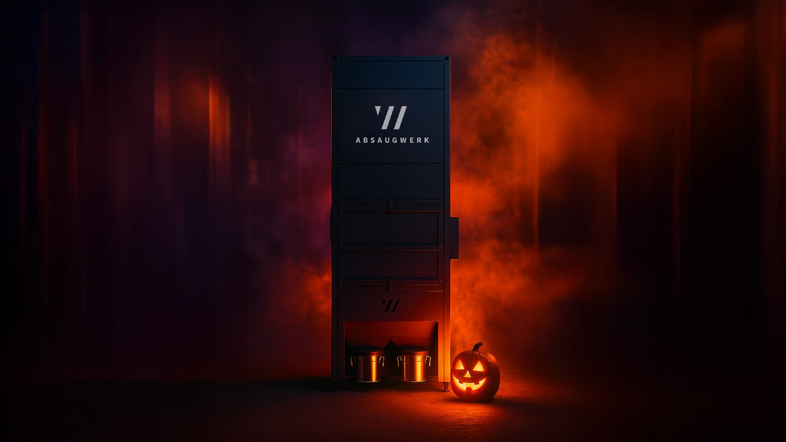 ABSAUGWERK Halloween deduster in a hall with red fog and Halloween pumpkin
